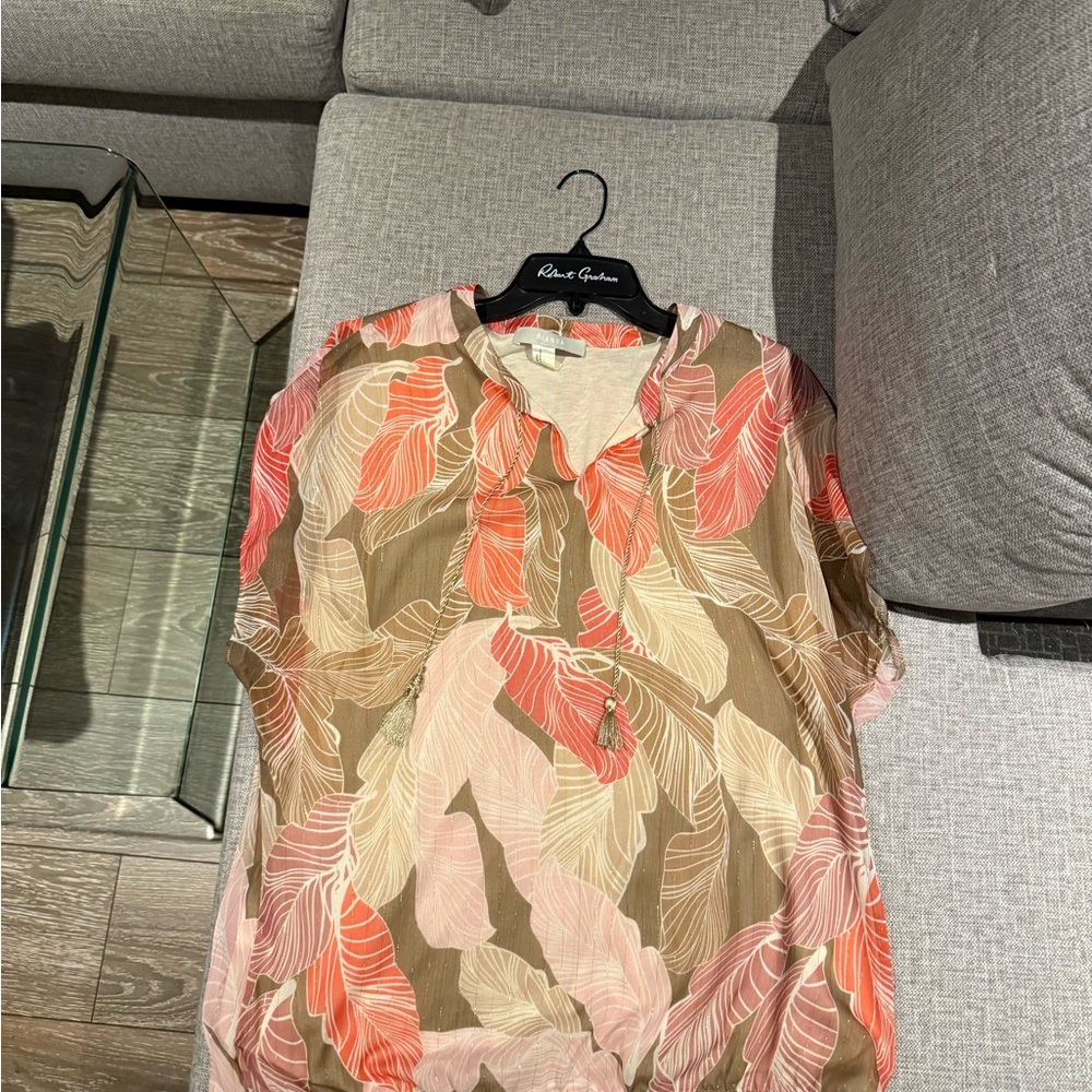 Elegant Leaf Print Blouse - Coral and Beige